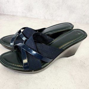 TUSCANY Wedge Womens‎ Black Navy Sandal 9.5 Made in Italy Comfy Slip on
